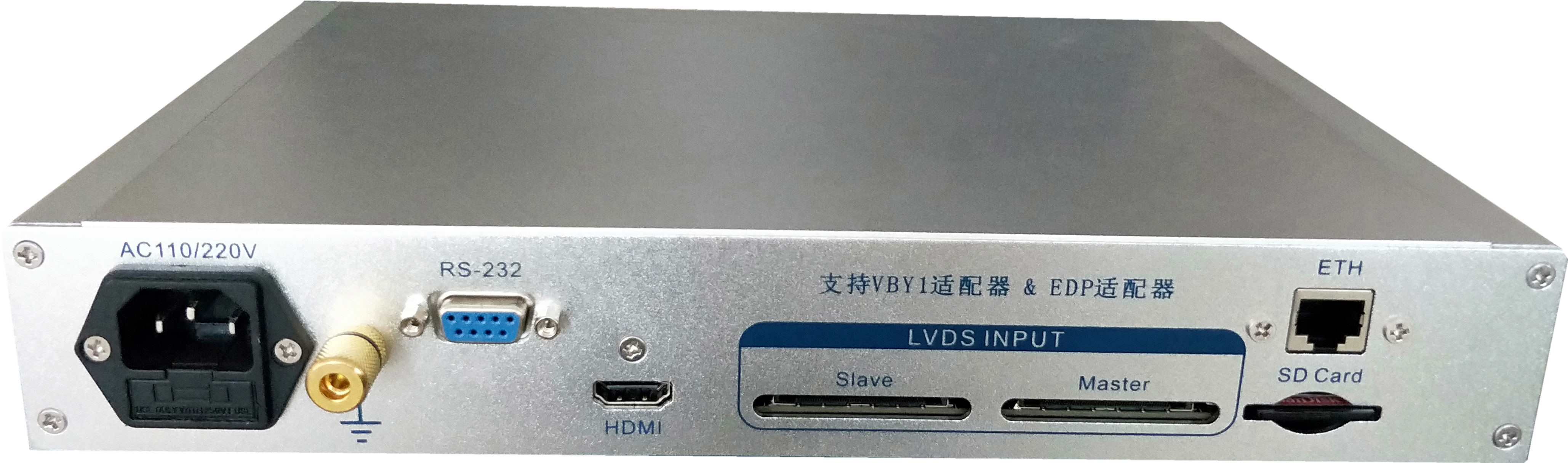 VLA-804 后面板:AC 电源、RS-232、HDMI、LVDS INPUT(Master/Slave)、SD 卡、千兆网口